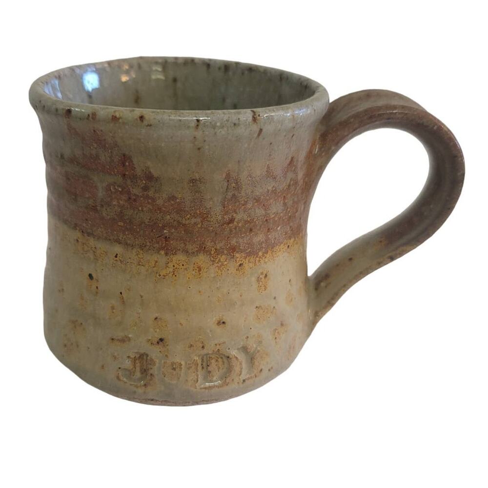 Art pottery mug cream stoneware handmade stamped JUDY